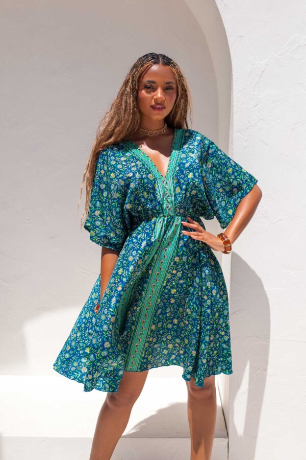 Pamela μίνι φόρεμα boho εμπριμέ πετρόλ