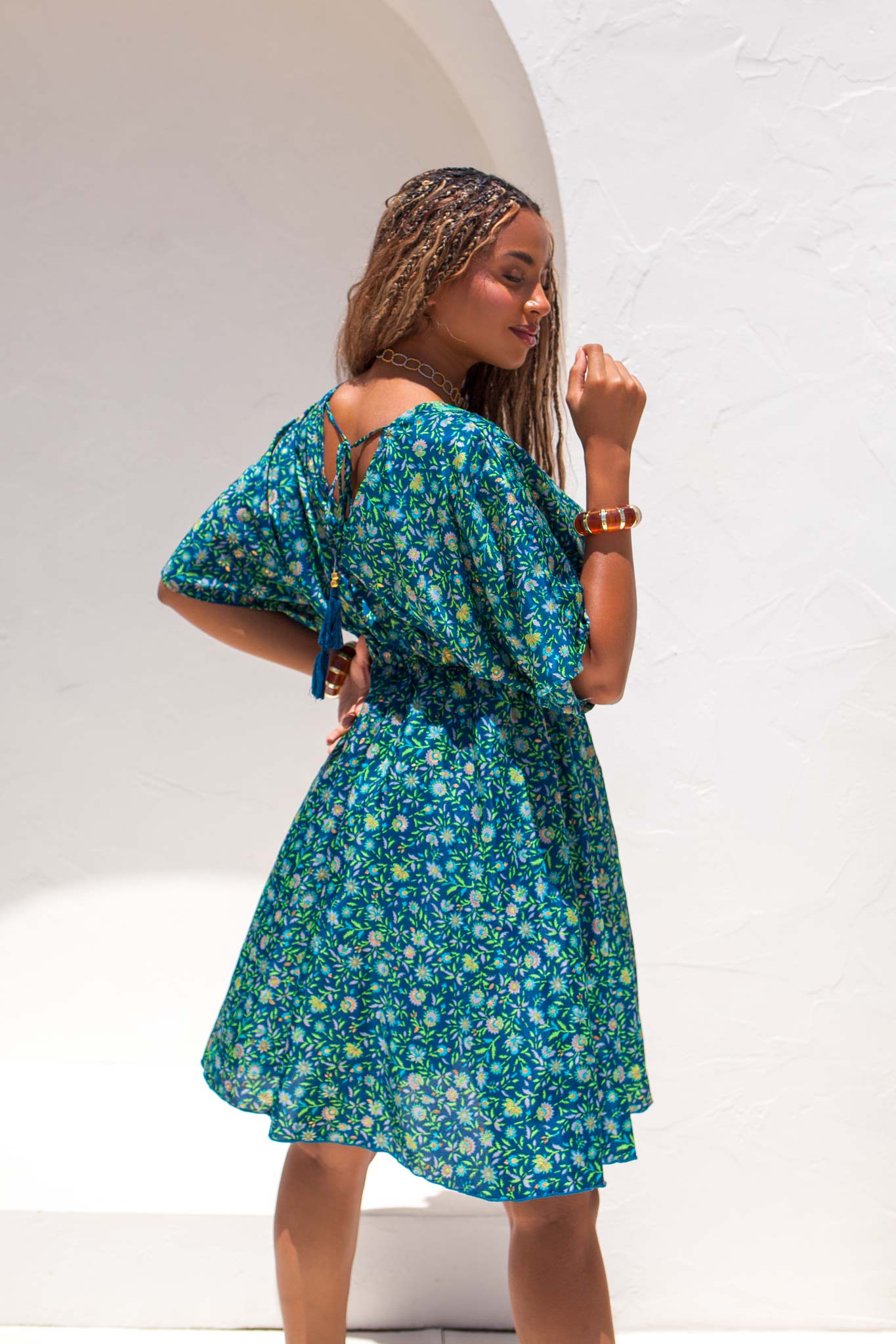 Pamela μίνι φόρεμα boho εμπριμέ πετρόλ