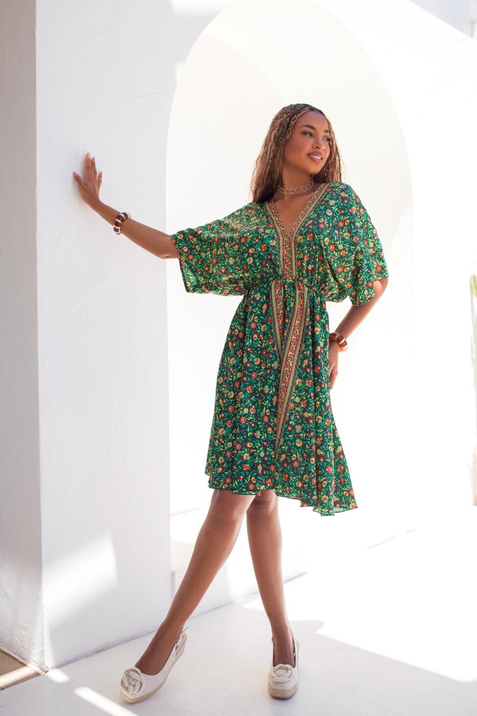 Pamela μίνι φόρεμα boho εμπριμέ πράσινο