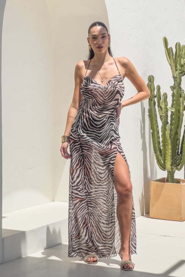 Summer Dance μακρύ φόρεμα μουσελίνα zebra