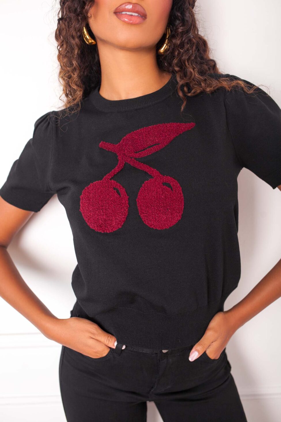 Eday μπλούζα ριπ με print κεράσια μαύρο - Image 2