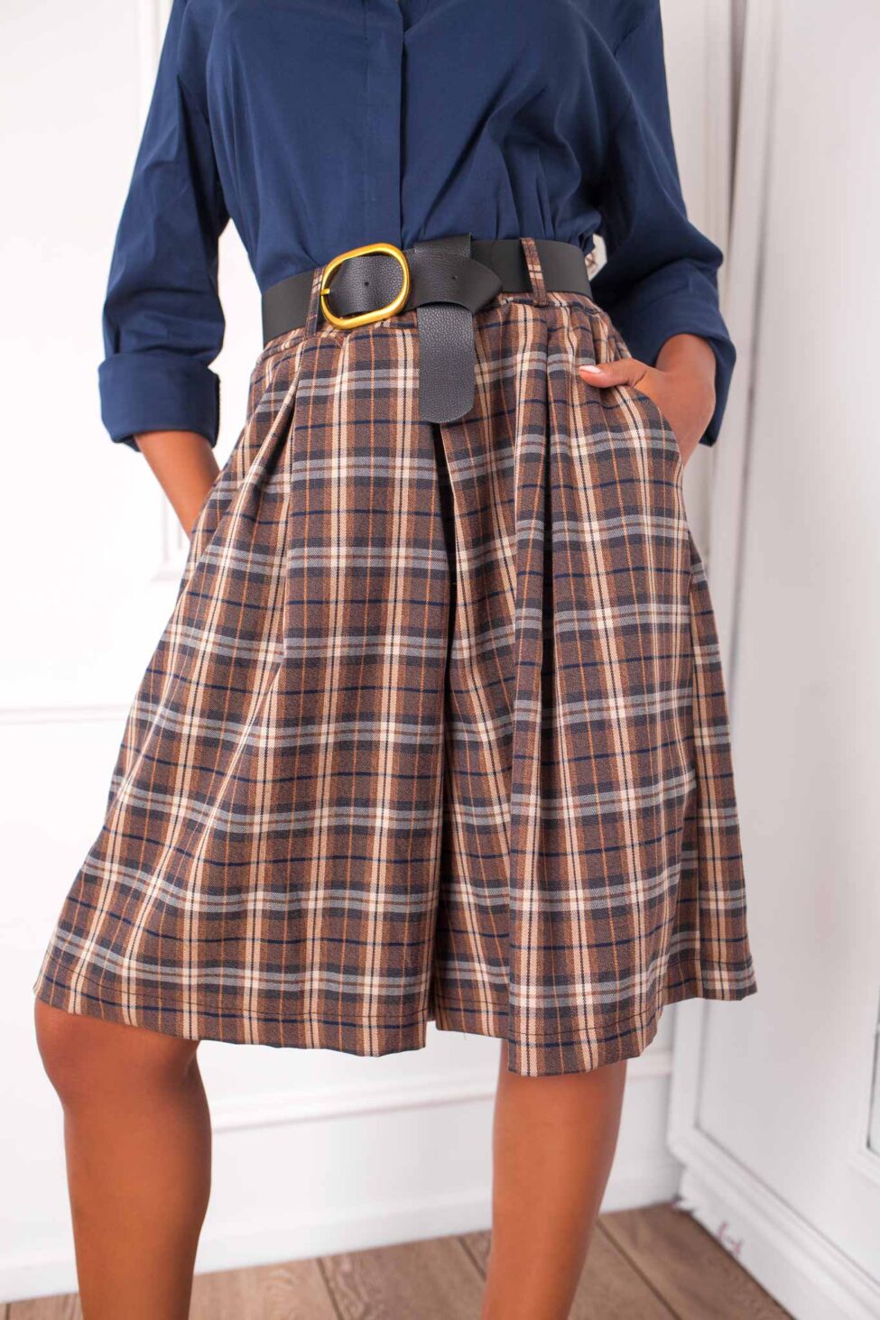 Lafama καρό ζιπ κιλότ με ζώνη καφέ - Image 3