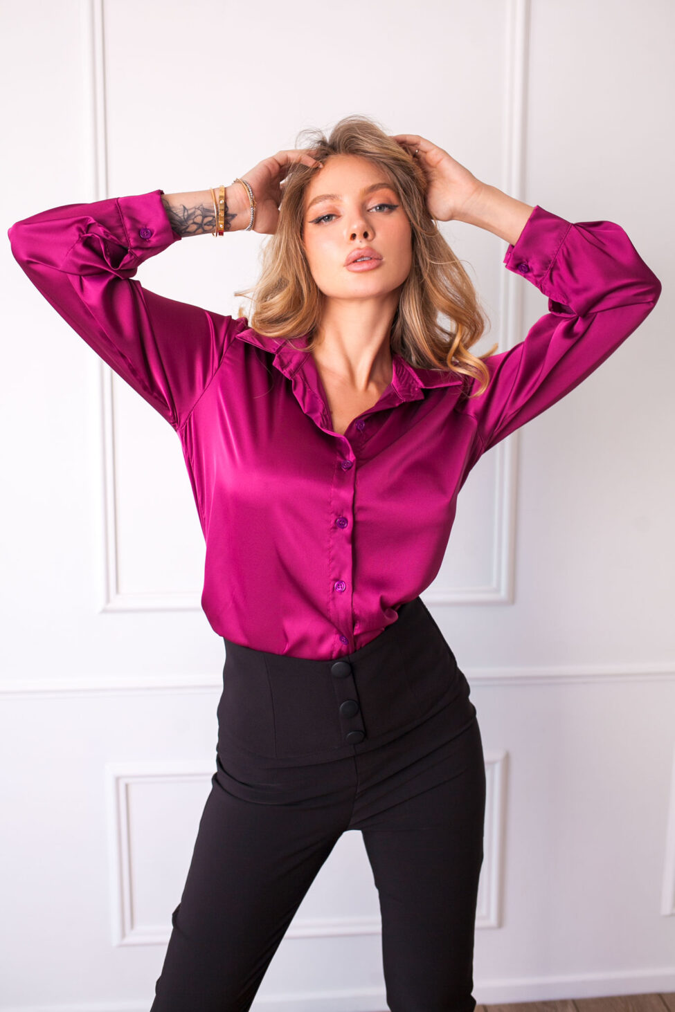 Manu πουκάμισο με όψη σατέν magenta - Image 3