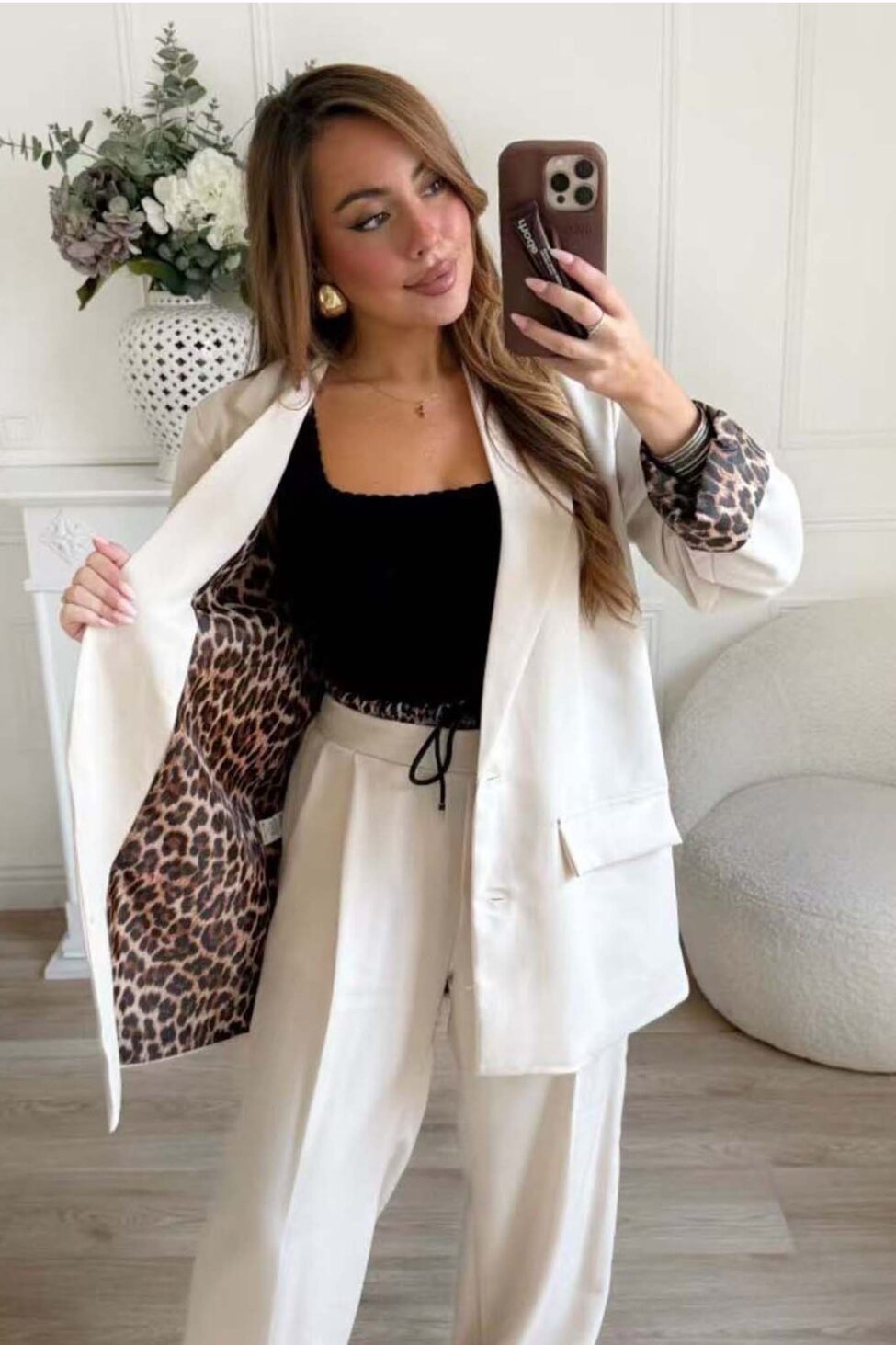 Power σετ σακάκι-παντελόνι με leopar print εκρού - Image 1