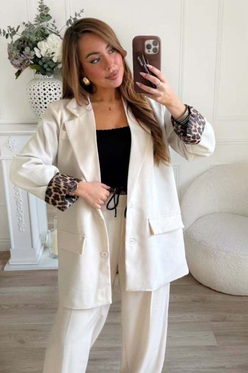 Power σετ σακάκι-παντελόνι με leopar print εκρού - Image 2