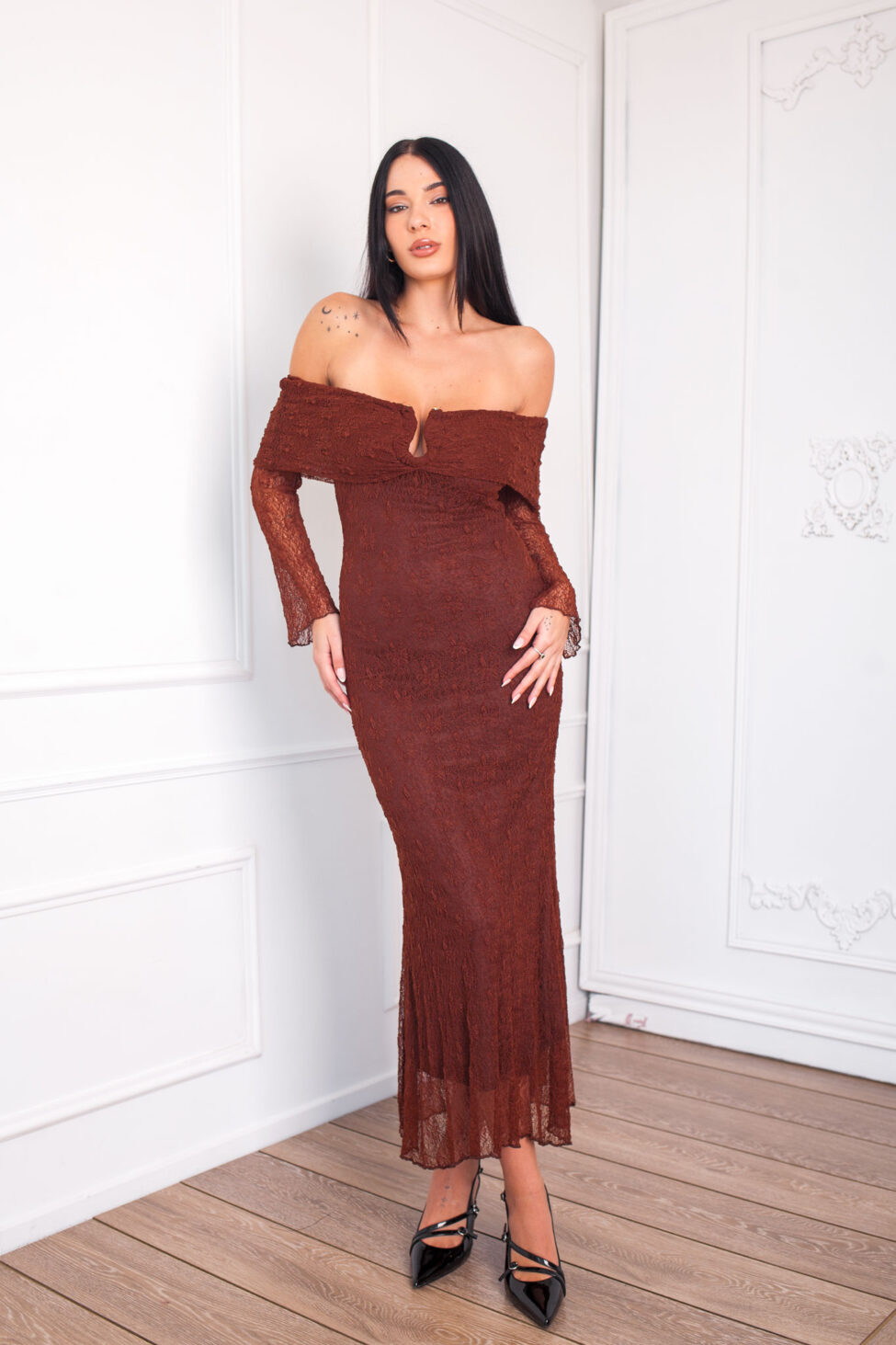 Abella Φόρεμα Μάξι Δαντέλα καφέ - Image 3