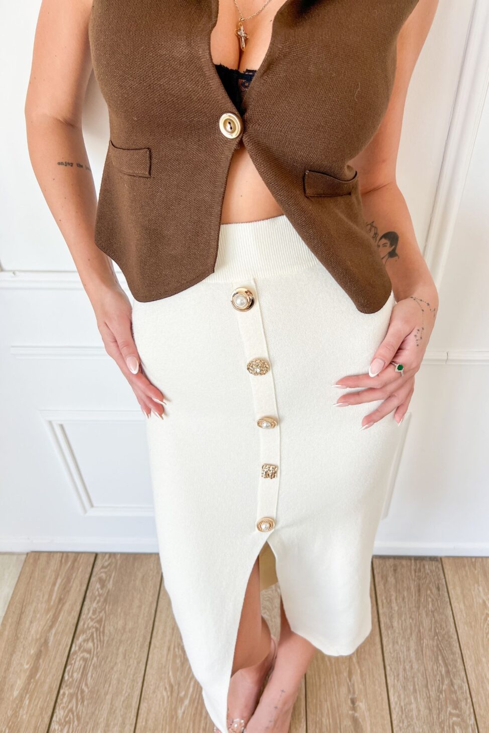 Cactus μίντι πλεκτή φούστα με διακοσμητικά κουμπιά εκρού - Image 3