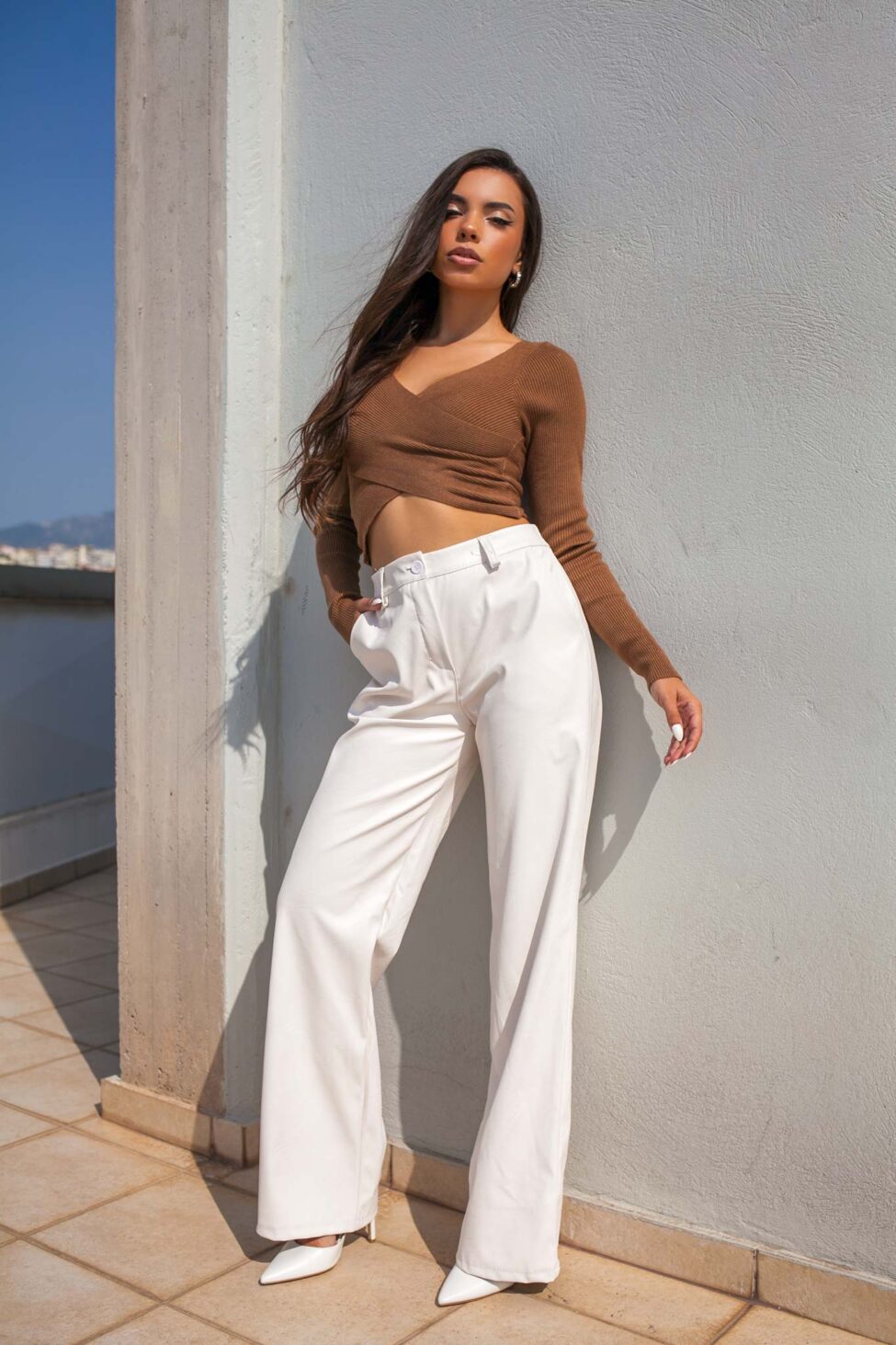 Clio τοπ πλεκτό ριπ μακρυμάνικο καφέ - Image 2