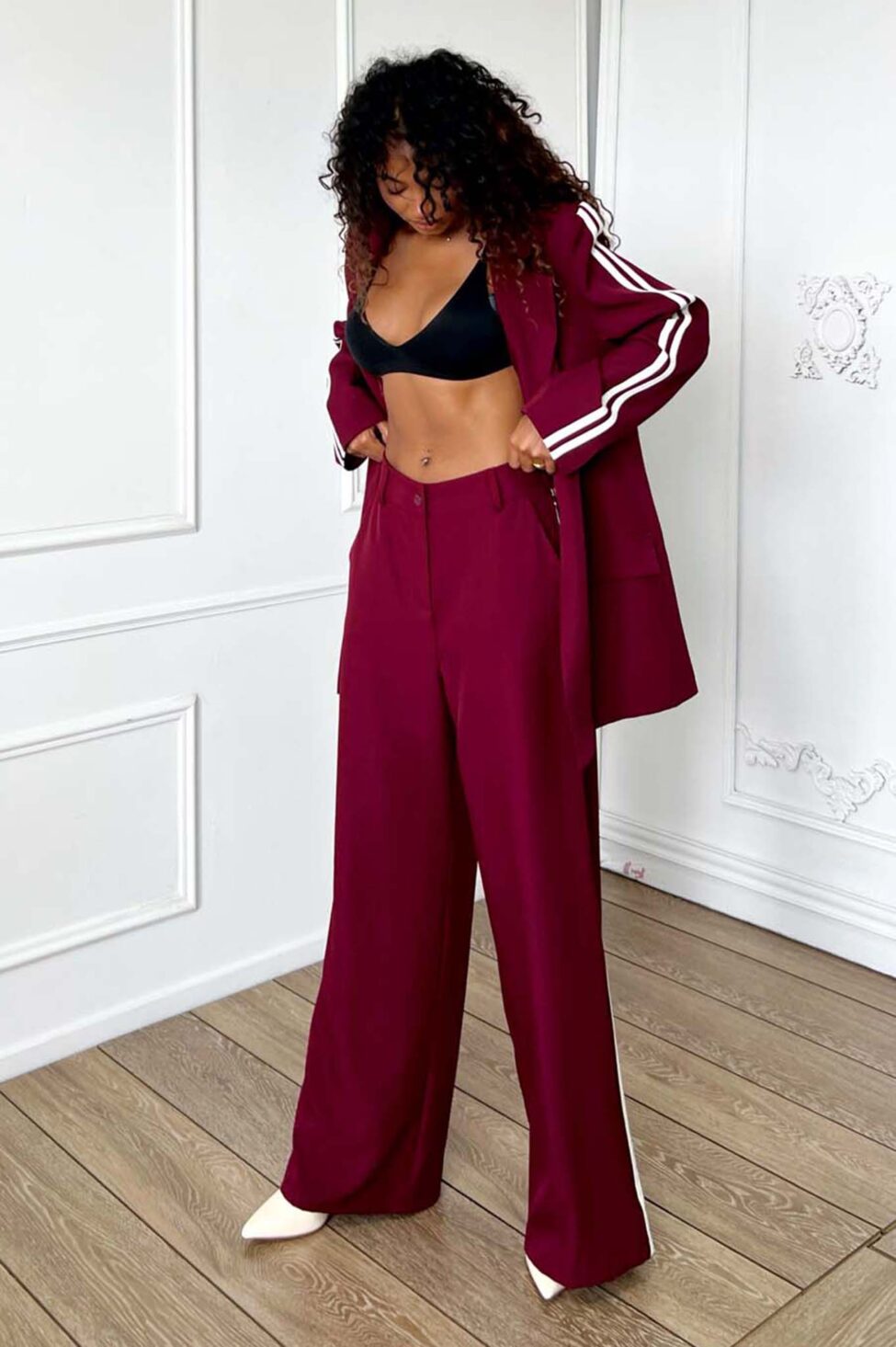 Dapper σετ σακάκι παντελόνι με ρίγες μπορντό - Image 3