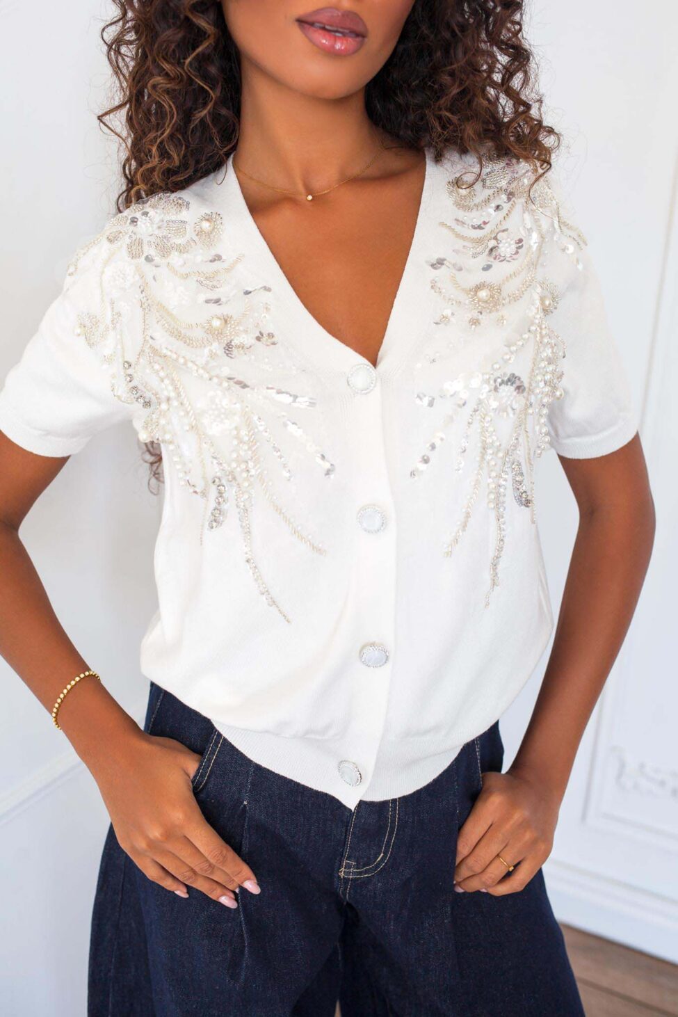 Eleganza πλεκτή ζακέτα με διακοσμητικά στρας λευκό - Image 3