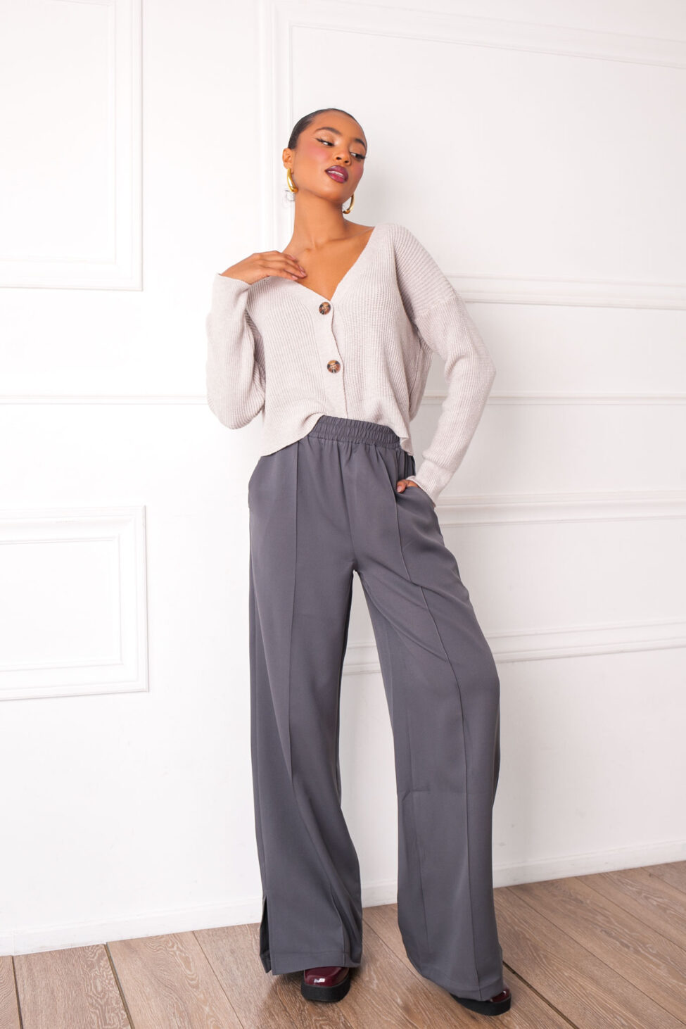 Palazzo ζακέτα πλεκτή γκρι - Image 4