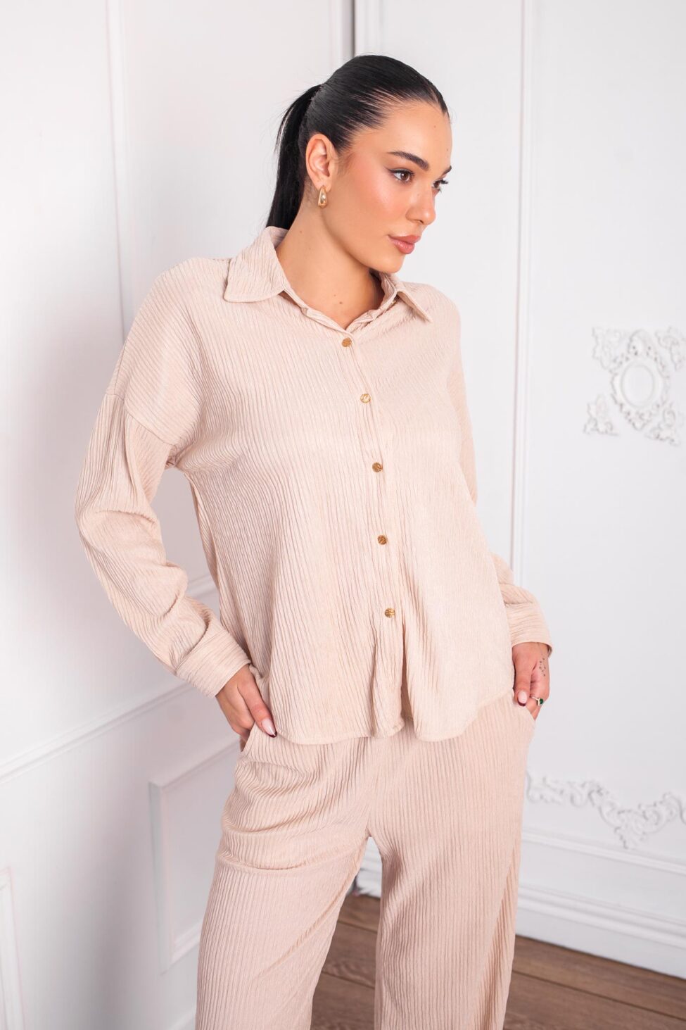 Pastilla σετ πουκάμισο παντελόνι πλισέ μπεζ - Image 3