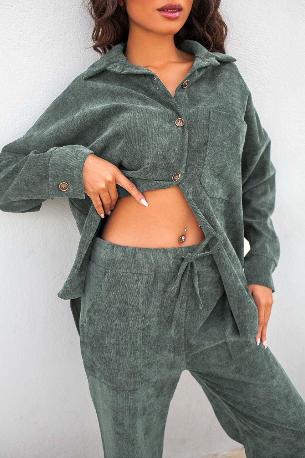 Queen σετ πουκάμισο-παντελόνι κοτλέ χακί - Image 2