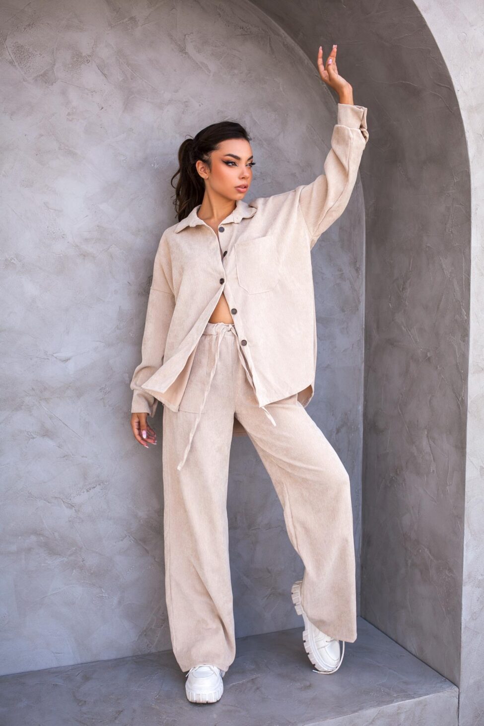 Queen σετ πουκάμισο-παντελόνι κοτλέ μπεζ - Image 2