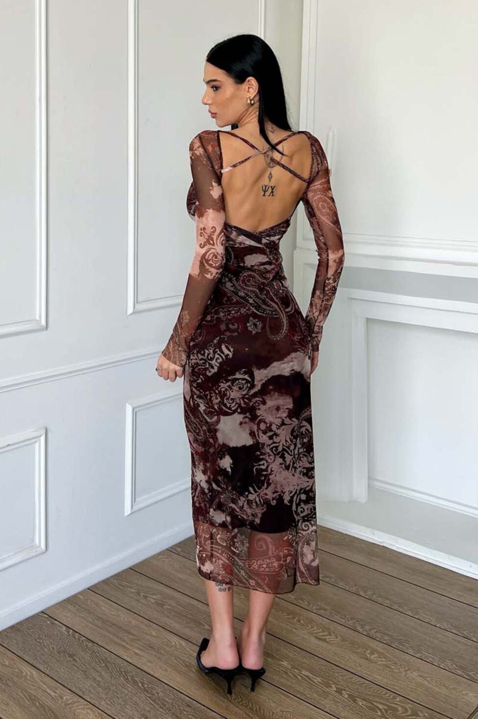 Coctail μίντι φόρεμα εμπριμέ καφέ - Image 3