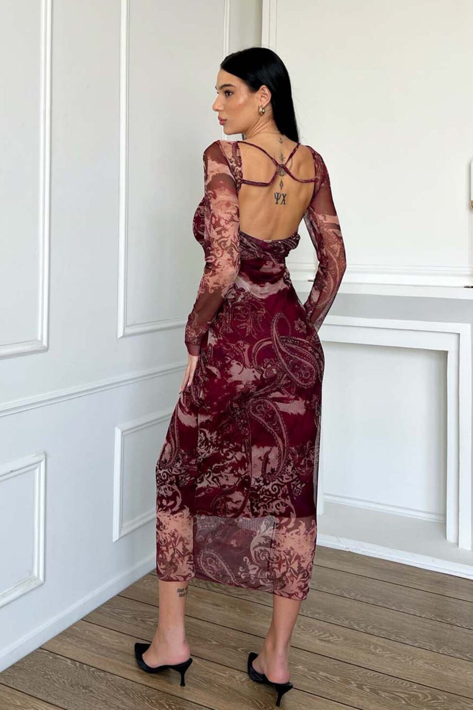 Coctail μίντι φόρεμα εμπριμέ μπορντό - Image 2