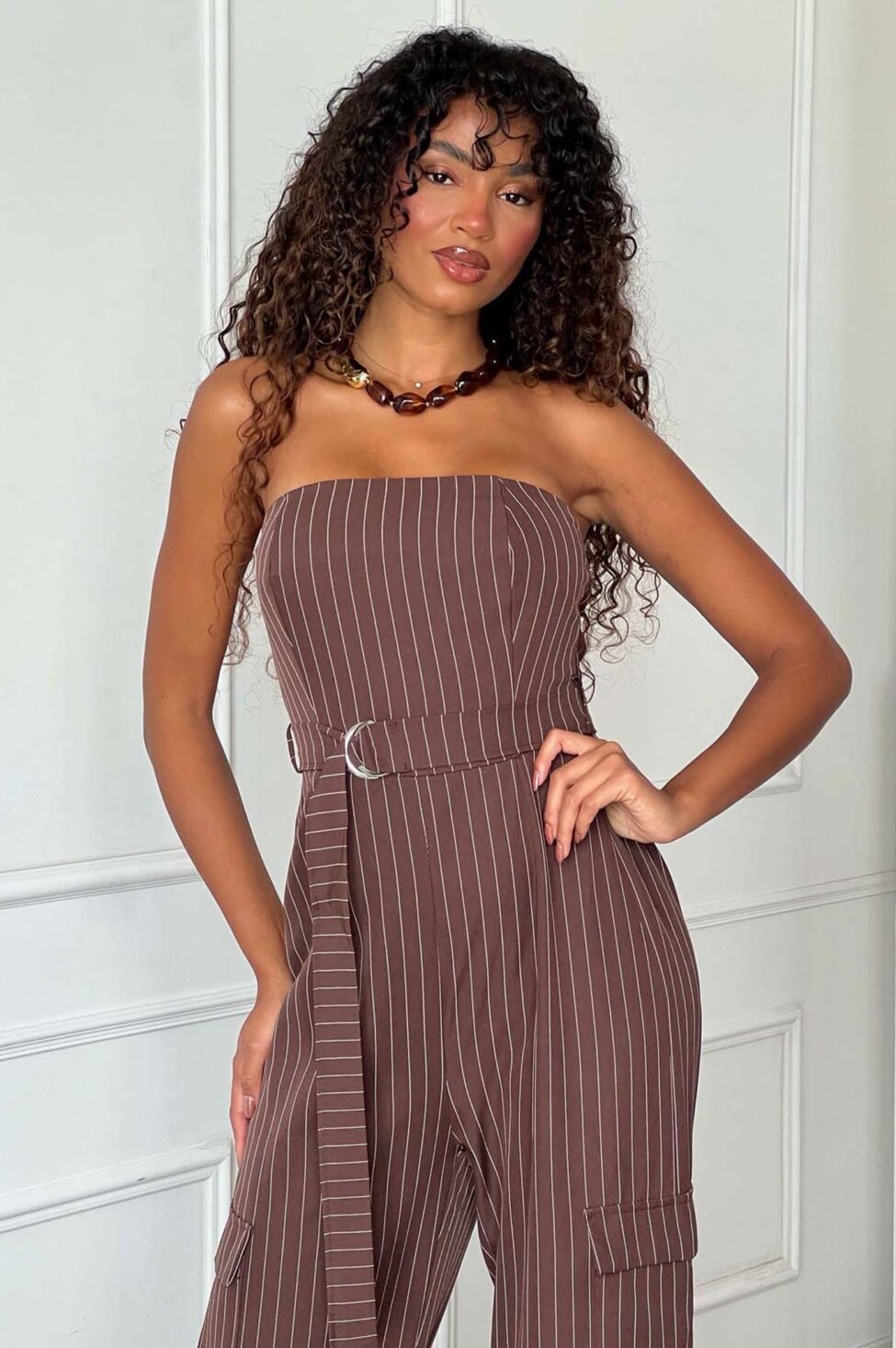 Livvy ολόσωμη φόρμα ριγέ καφέ - Image 3