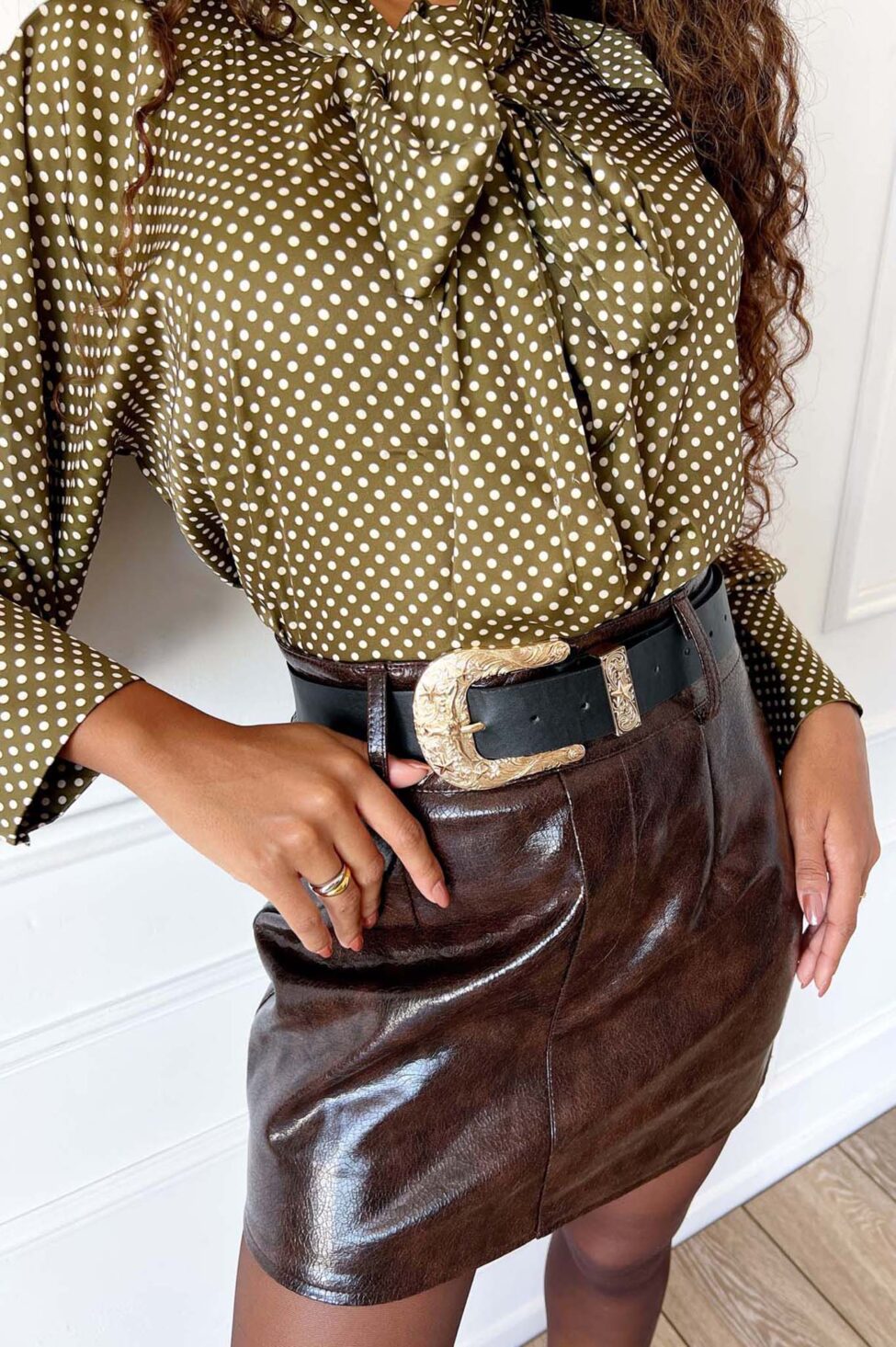 Lunar φούστα δερματίνη με ζώνη καφέ - Image 2