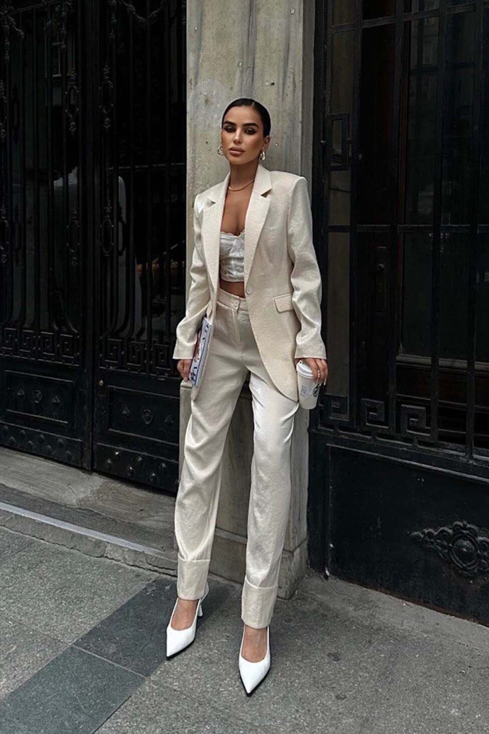 Lysira σετ κοστούμι σακάκι γυαλιστερό μπεζ - Image 3