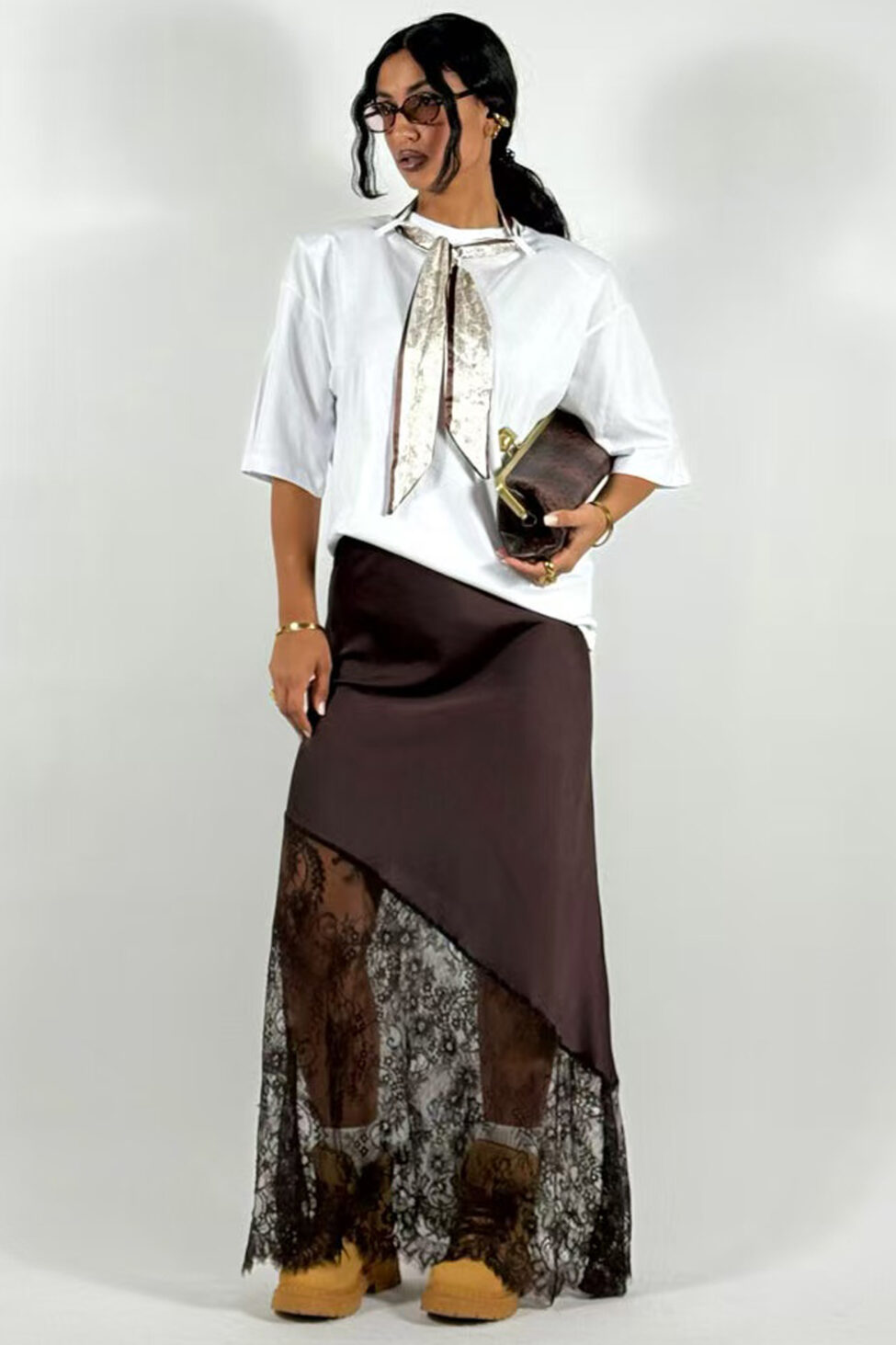 Mojo σατέν φούστα με δαντέλα καφέ - Image 2