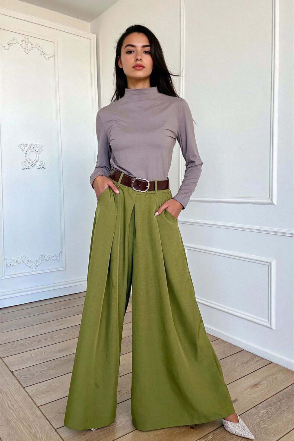 Nana υφασμάτινο παντελόνι με πιέτες λαδί - Image 5