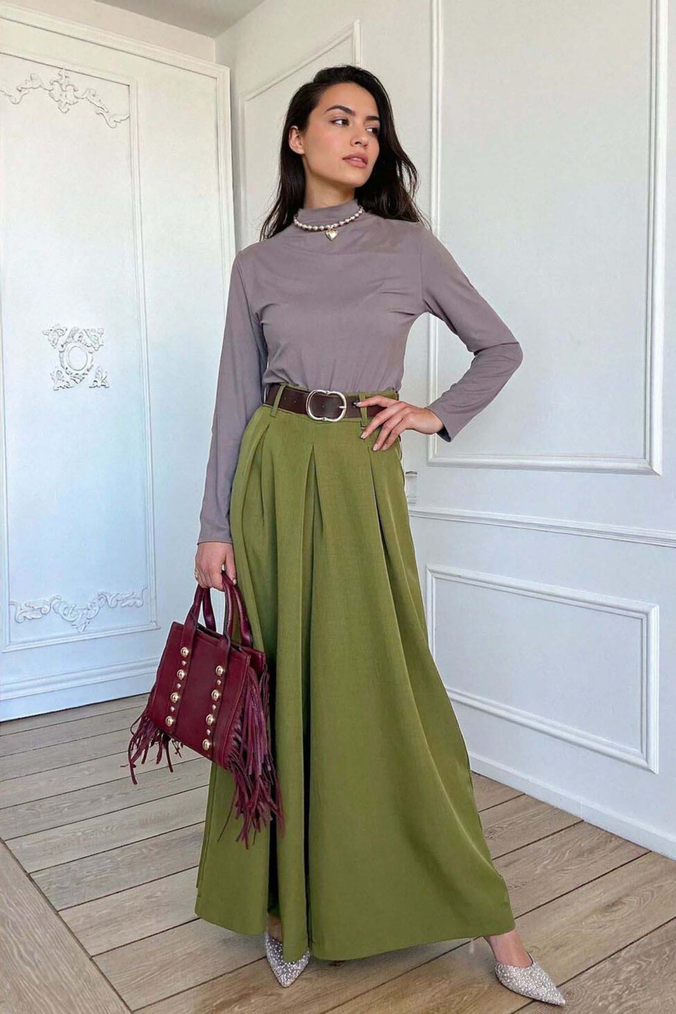 Nana υφασμάτινο παντελόνι με πιέτες λαδί - Image 4