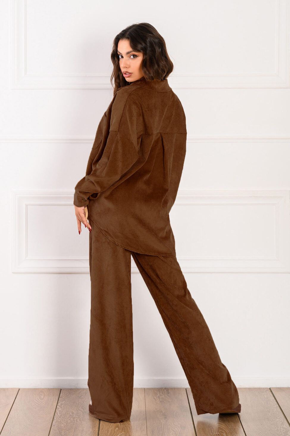 Queen σετ πουκάμισο-παντελόνι κοτλέ καφέ - Image 2