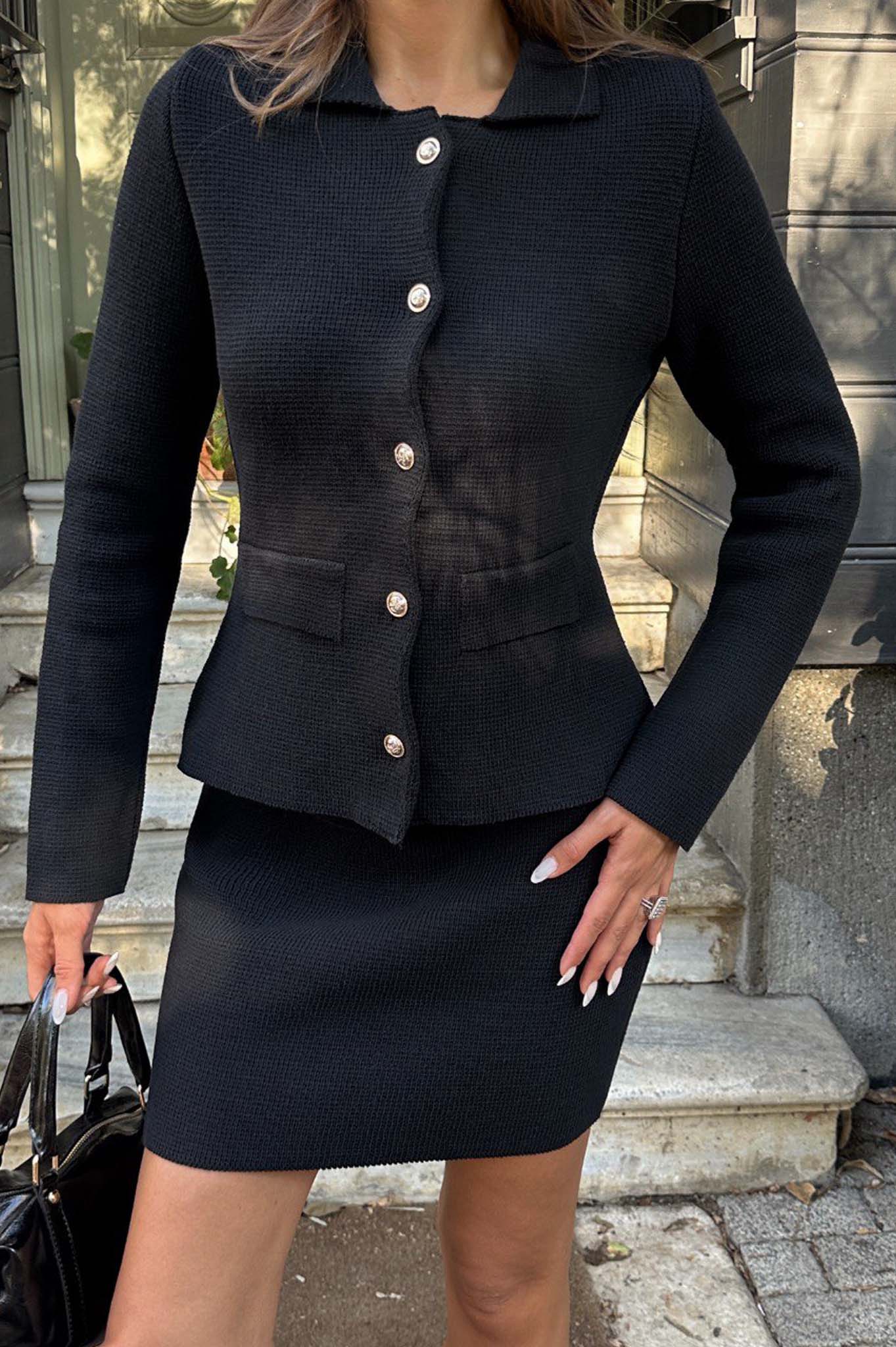 Sorbet σετ φούστα και κουμπωτό σακάκι με γιακά μαύρο - Image 1