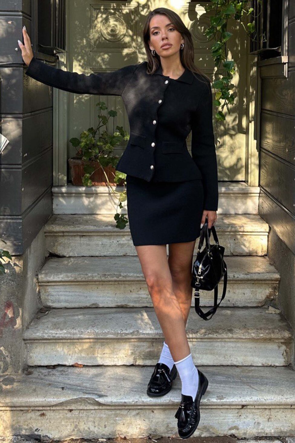 Sorbet σετ φούστα και κουμπωτό σακάκι με γιακά μαύρο - Image 2