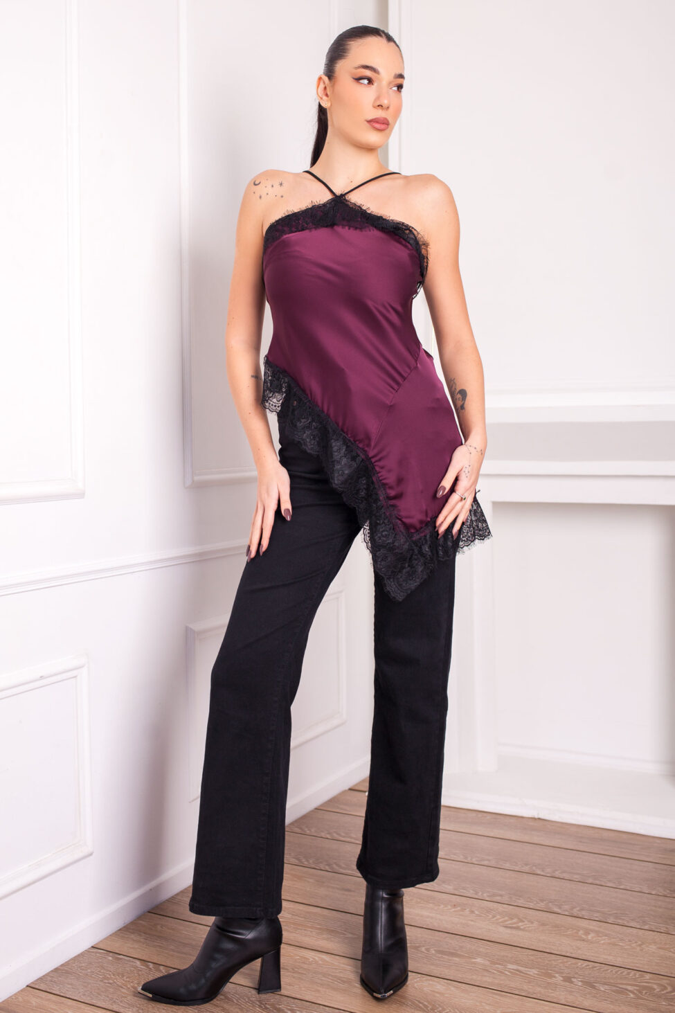 Bexley σατέν τοπ με δαντέλα μπορντό - Image 3