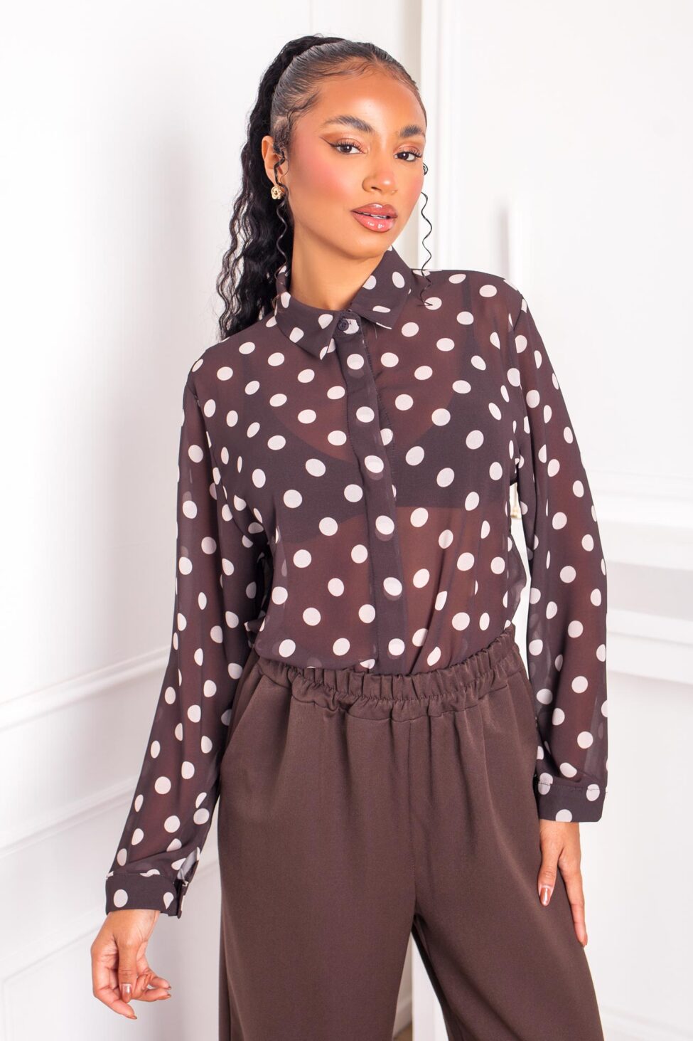 Evonne πουκάμισο πουά καφέ - Image 2