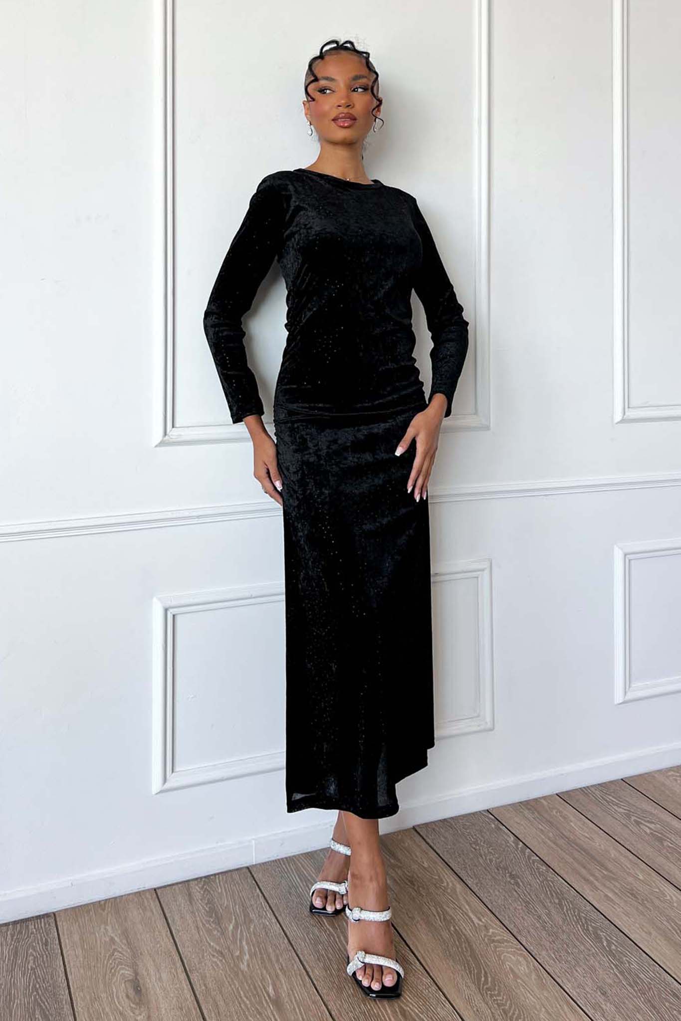 Loren μίντι βελούδινο φόρεμα με στρας μαύρο Loren μίντι βελούδινο φόρεμα με στρας μαύρο - Image 1