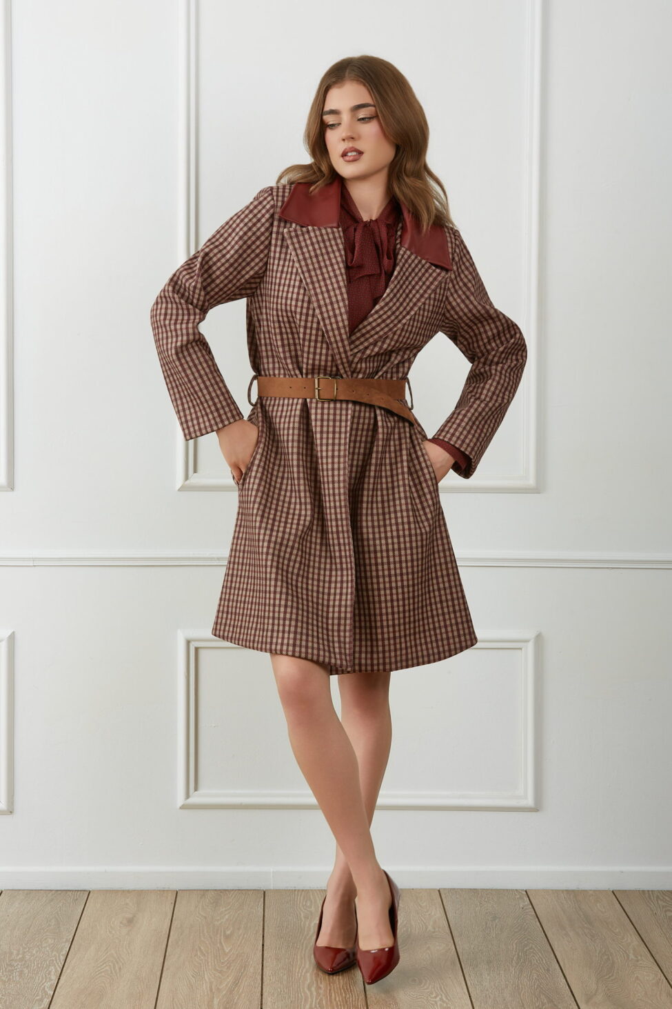 Lorine Παλτό Καρό μπορντό - Image 2