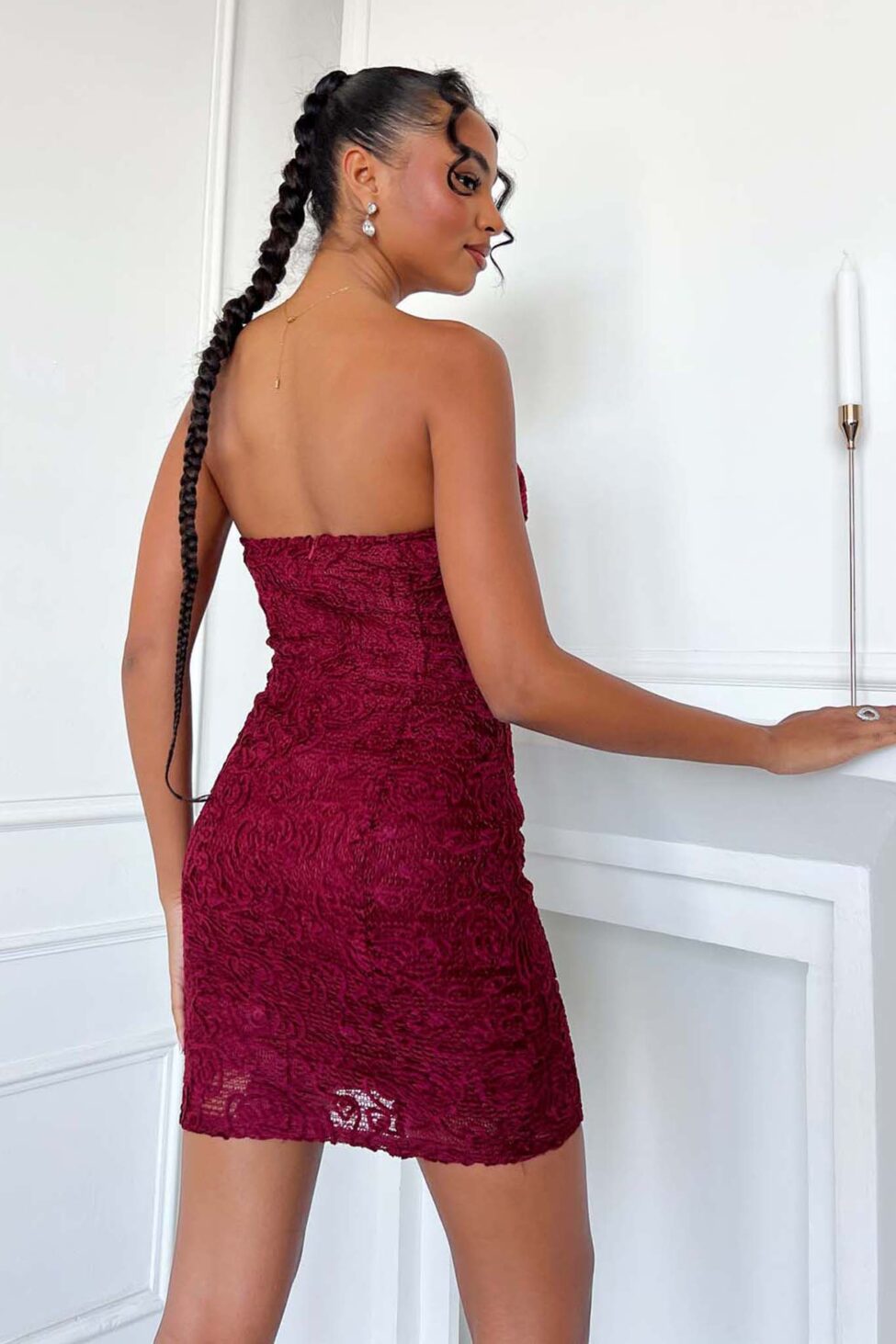 Mallard στράπλες φόρεμα με δαντέλα μπορντό - Image 3