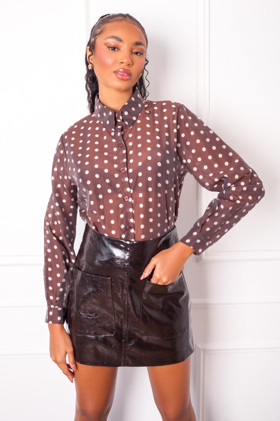 Polka πουά πουκάμισο καφέ - Image 2
