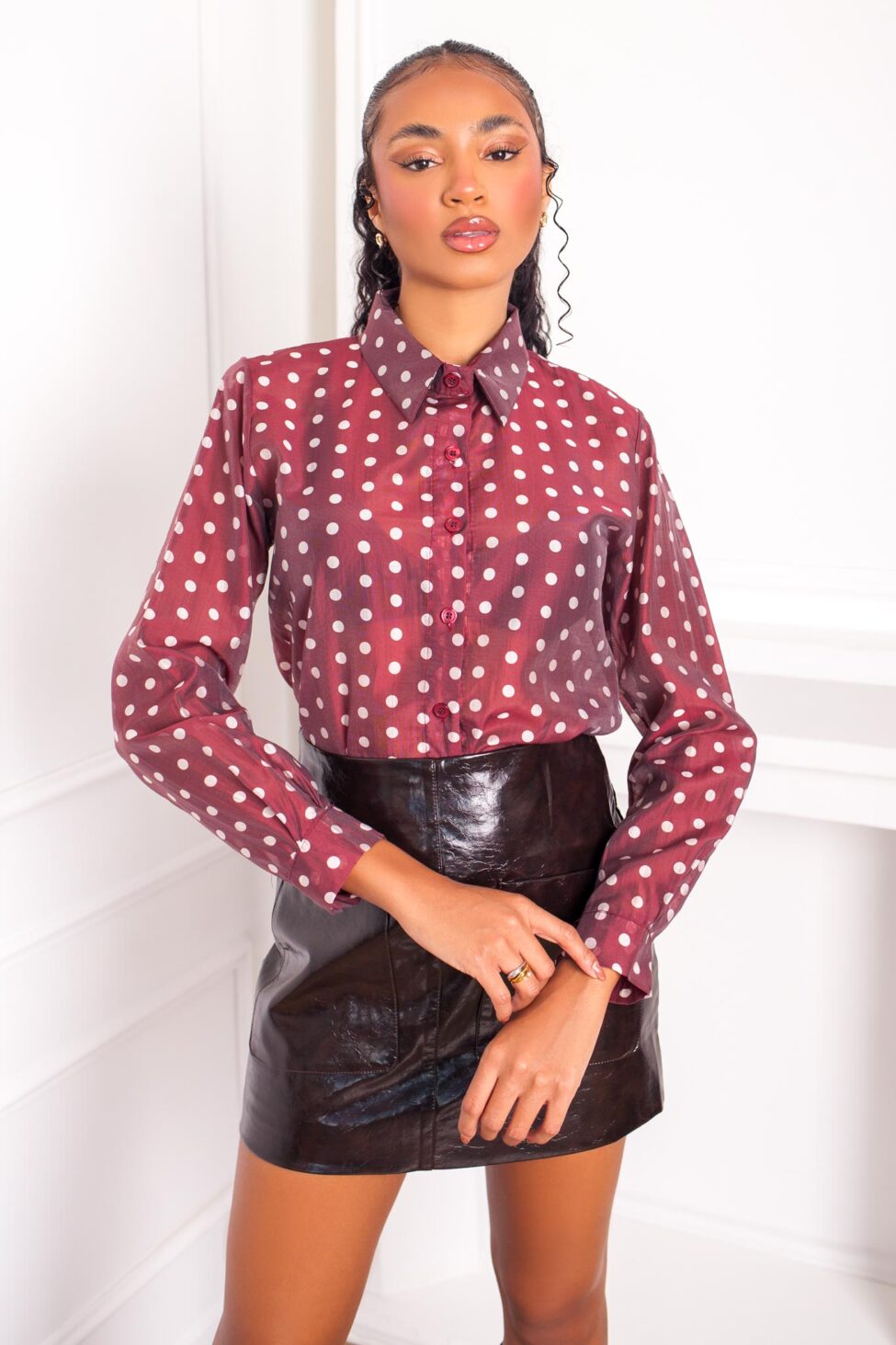 Polka πουά πουκάμισο μπορντό - Image 2