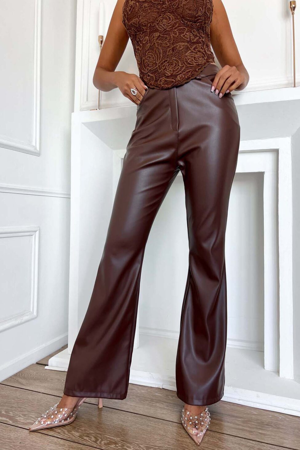 Ralph παντελόνι από οικολογικό δέρμα καφέ - Image 3