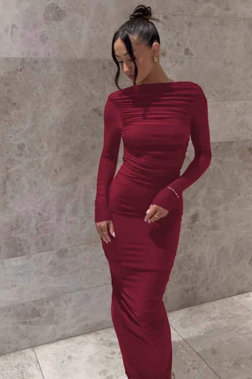 Sequins μακρύ φόρεμα στραφταλιζέ μπορντό - Image 2