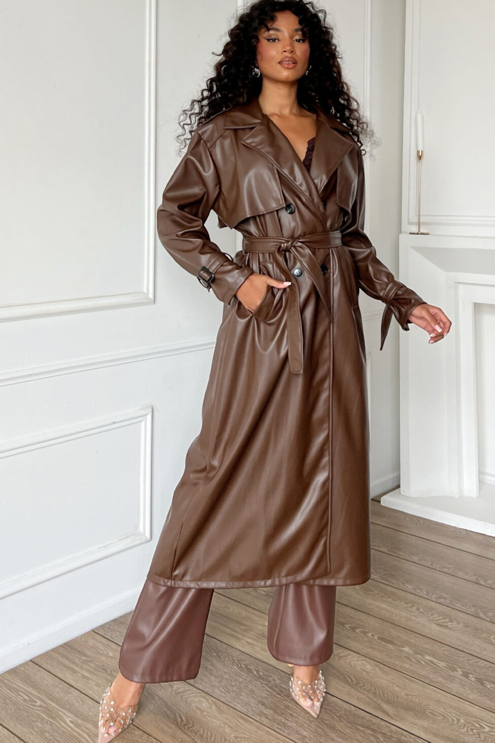 Tora μακριά καπαρντίνα απο οικολικό δέρμα με ζώνη καφέ - Image 2