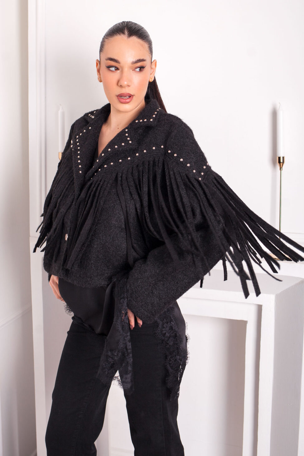 Unit τζάκετ με κρόσια και τρουκς μαύρο - Image 2