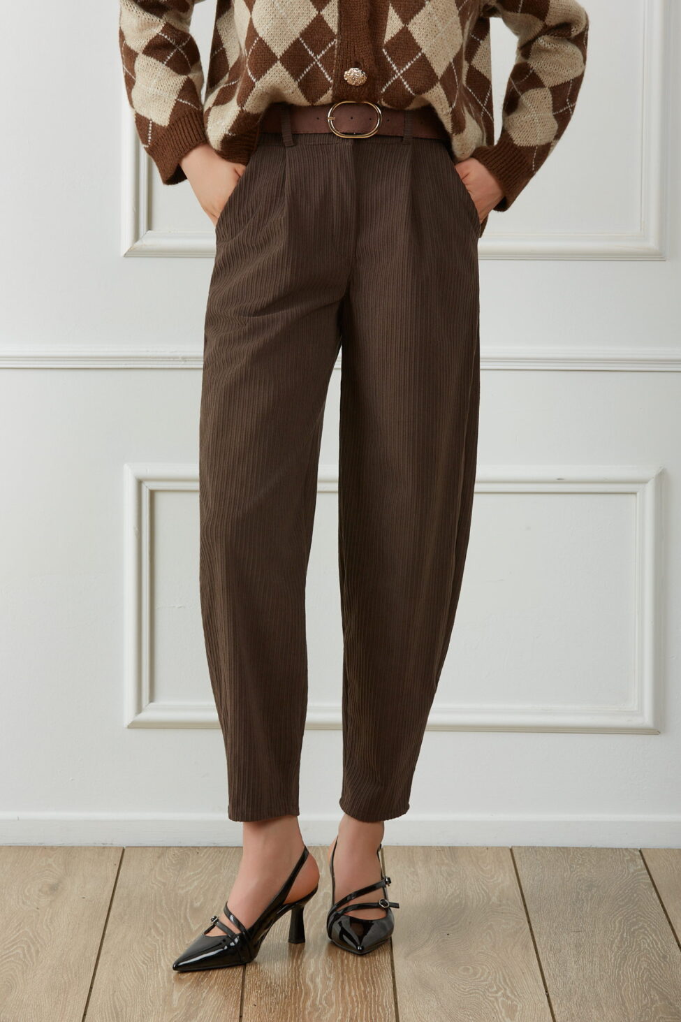 Vallerie Παντελόνι Κοτλέ Με Ζώνη καφέ - Image 2