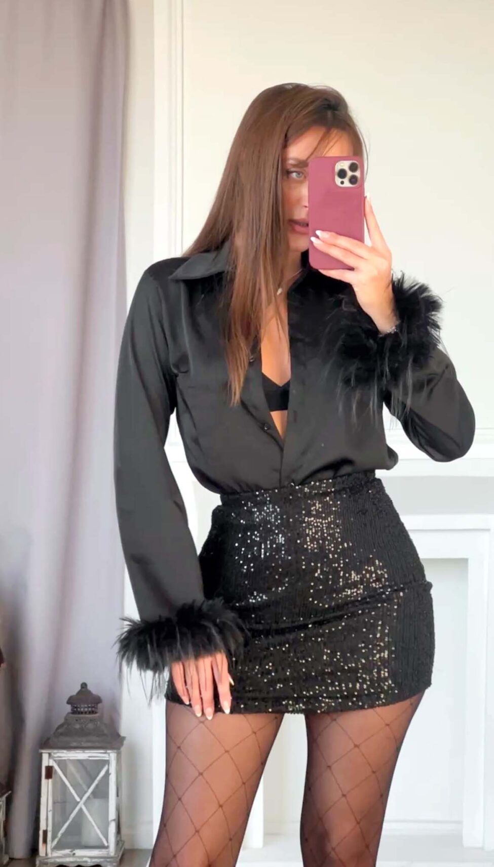 Daquiri σετ πουκάμισο φούστα με παγιέτες μαύρο - Image 4
