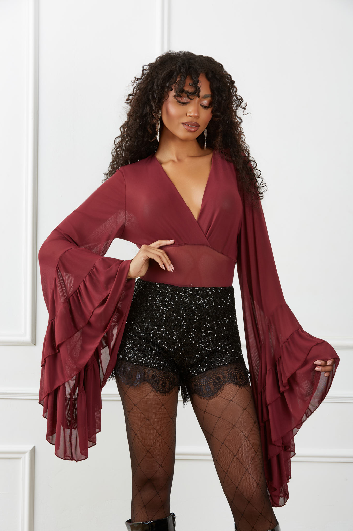 Minaj Κορμάκι Διάφανο Με Βολάν μπορντό Minaj Κορμάκι Διάφανο Με Βολάν μπορντό - Image 1