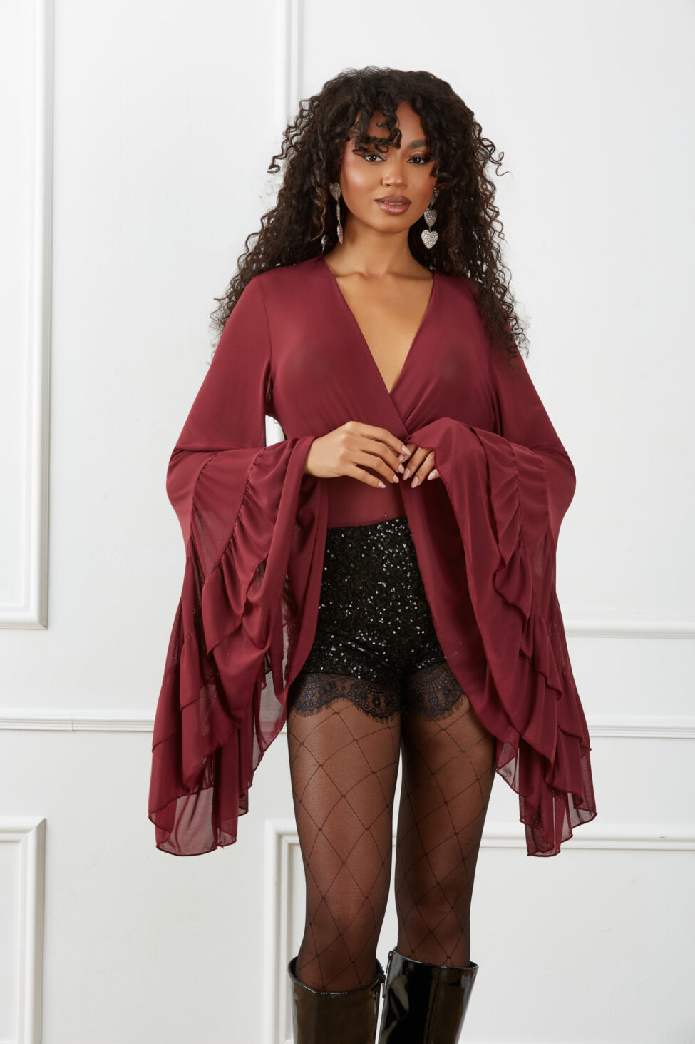 Minaj Κορμάκι Διάφανο Με Βολάν μπορντό - Image 3