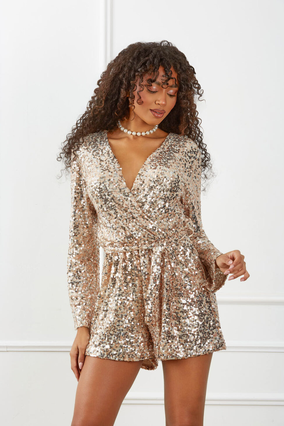 Samba ολόσωμη φόρμα σορτς παγιέτα μπεζ χρυσό - Image 2
