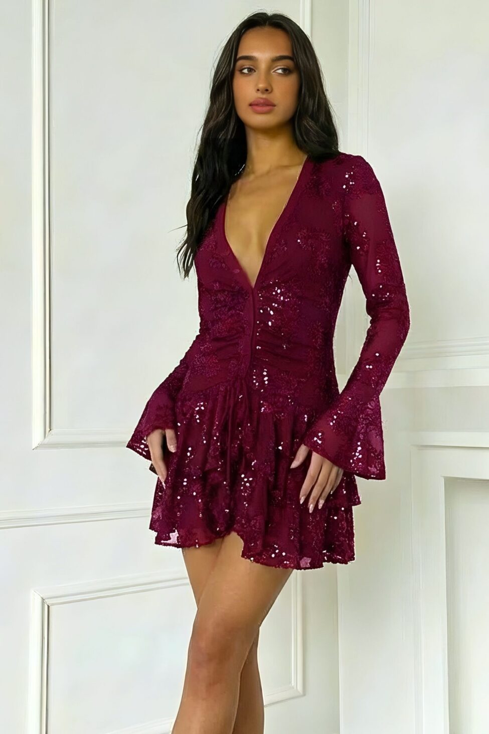 Sinatra μίνι φόρεμα με παγιέτα μπορντό - Image 2