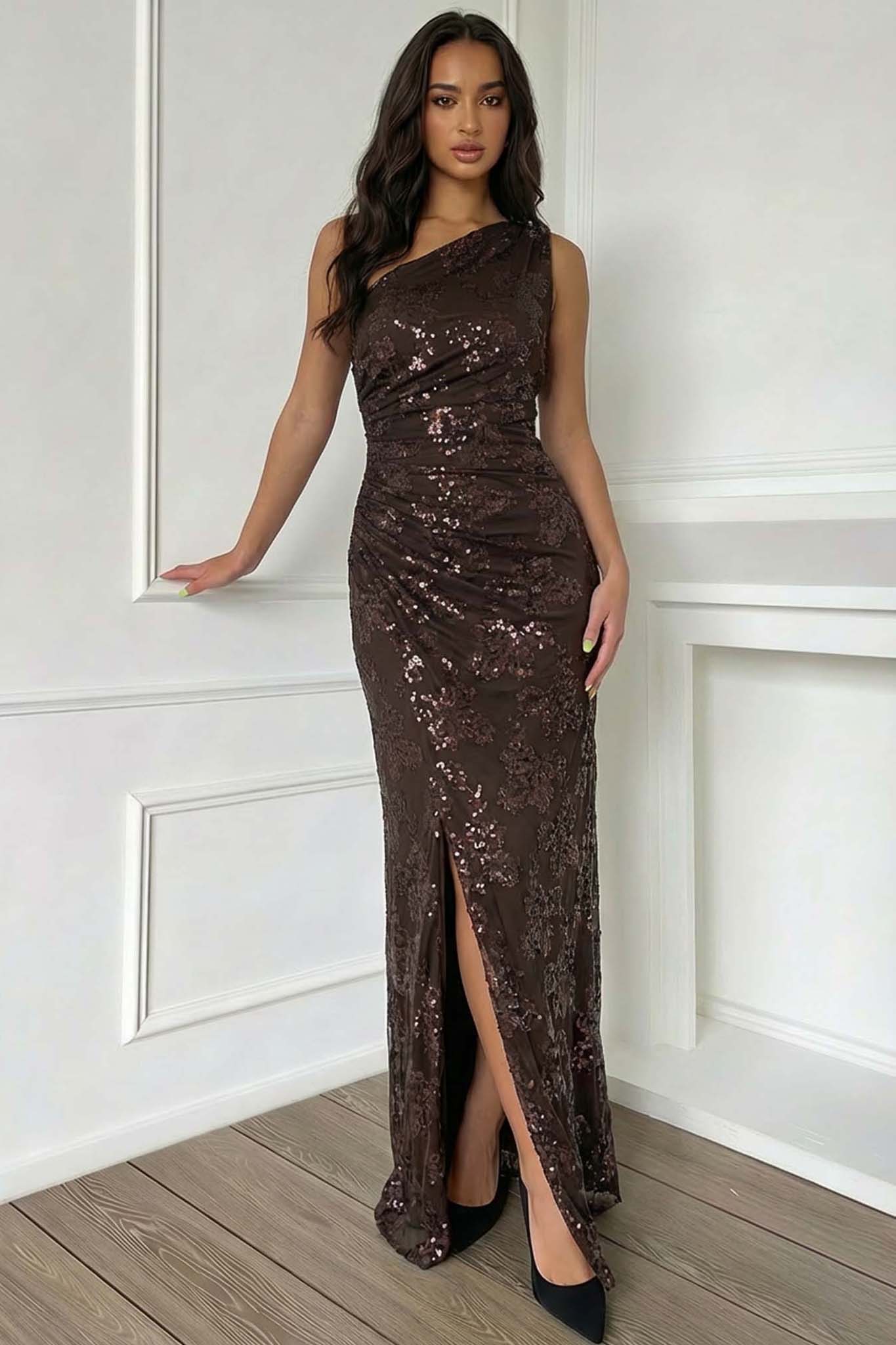 Throne Φόρεμα Μάξι Με Παγιέτα καφέ Throne Φόρεμα Μάξι Με Παγιέτα καφέ - Image 1