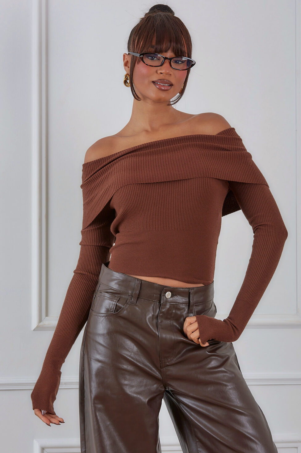Aiden μπλούζα ριπ με ελεύθερους ώμους καφέ - Image 3