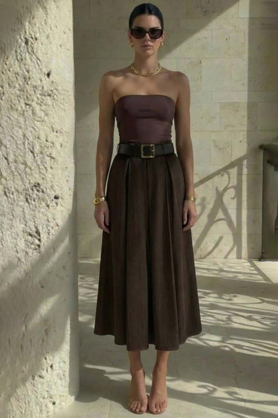 Emilie μάξι φούστα με πιέτες καφέ - Image 2
