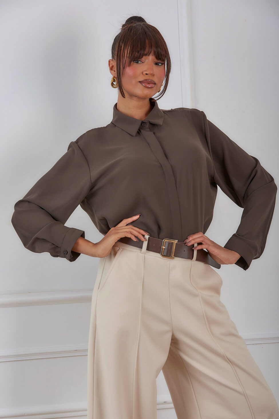 Juicy πουκάμισο ζορζέτα καφέ - Image 3